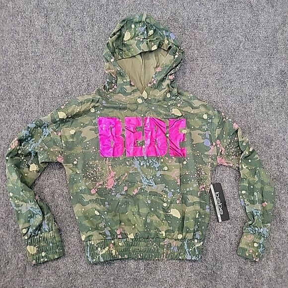 Tops - NEW Bebe EHoodie Sweatshirt Elastic Bebe Logo Size M (10/12) Y2K Camo Paint